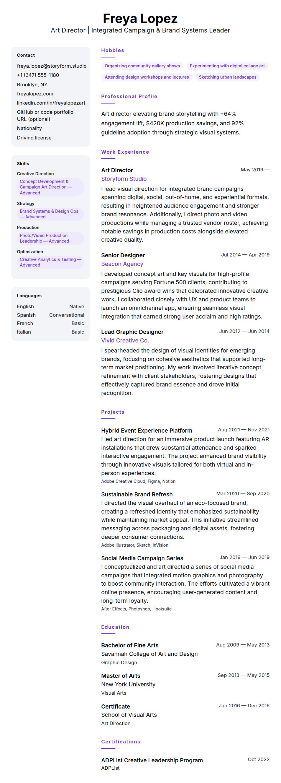 Resume preview for Art Director Resume Example