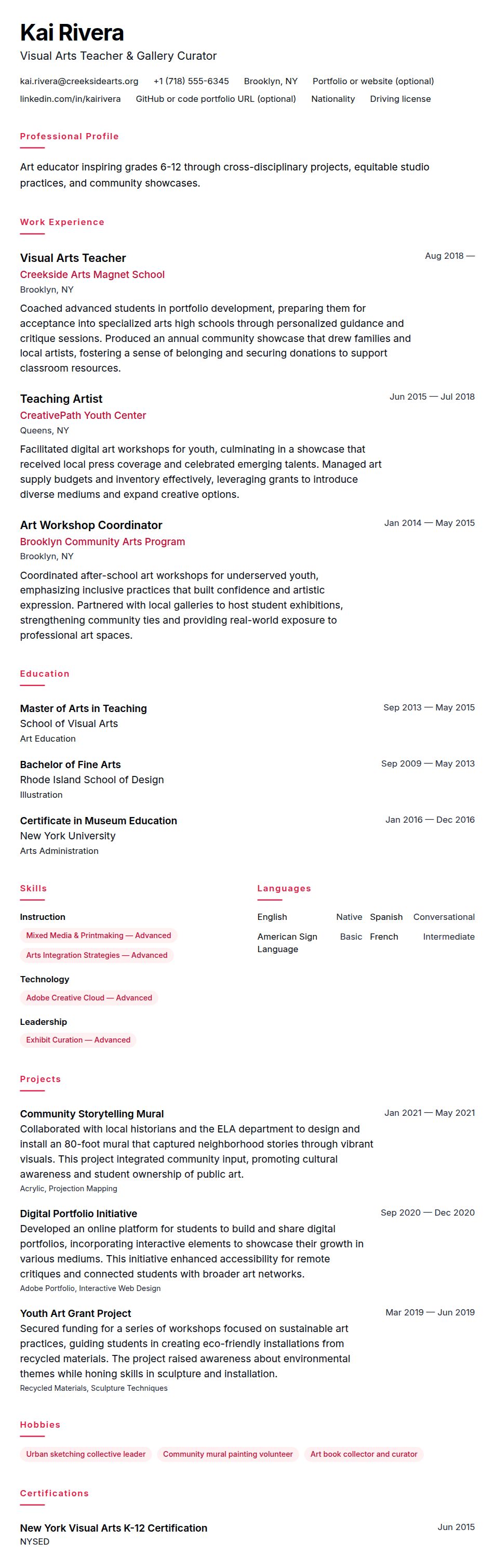 Resume preview for Art Teacher Resume Example