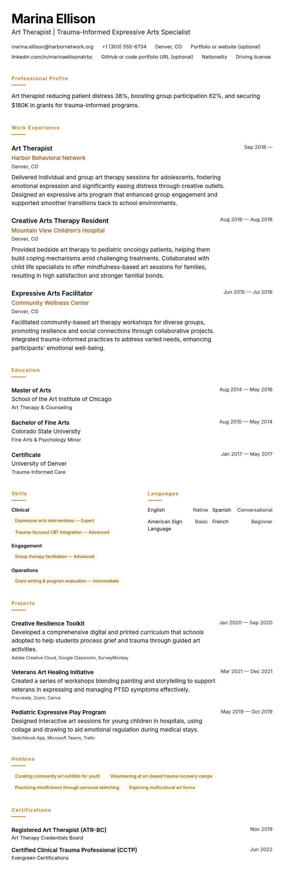 Resume preview for Art Therapist Resume Example