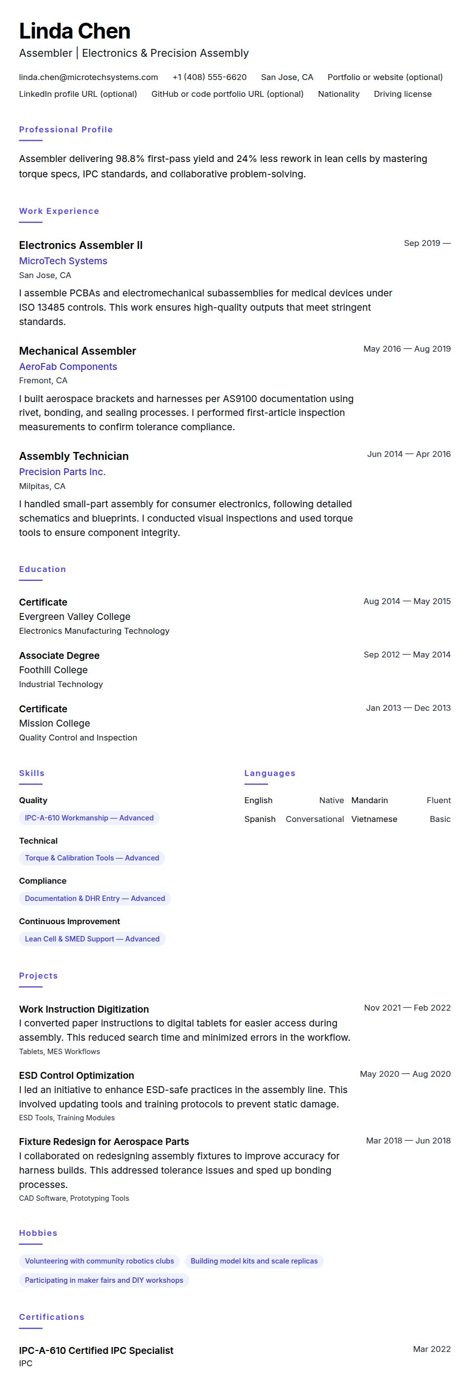 Resume preview for Assembler Resume Example