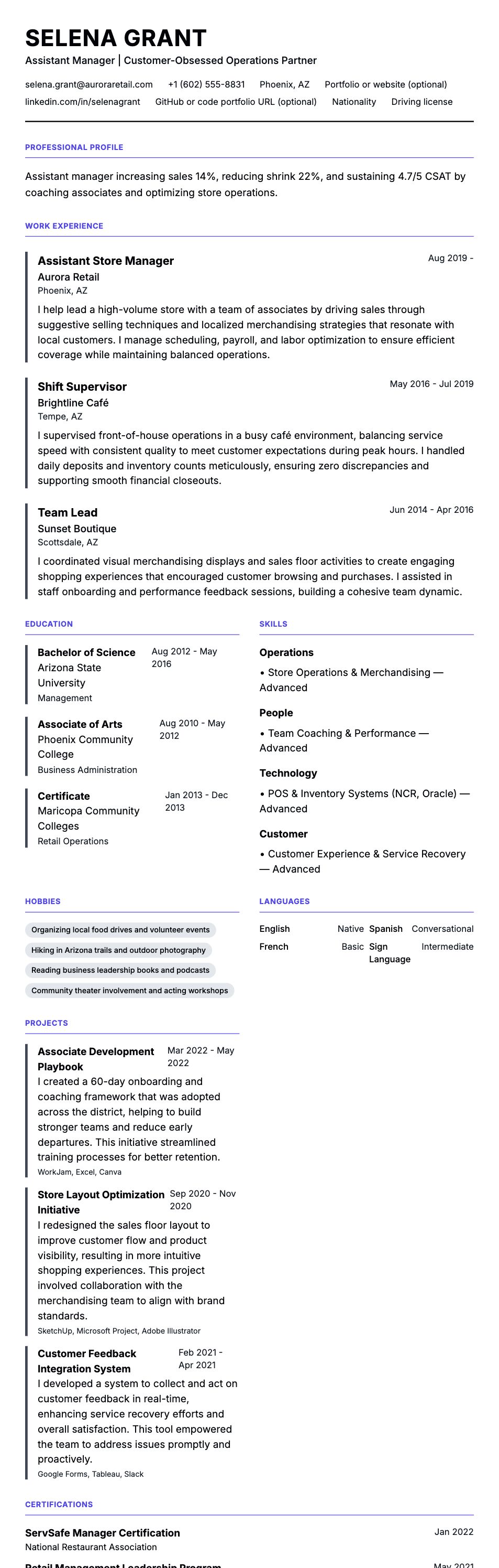 Resume preview for Assistant Manager Resume Example