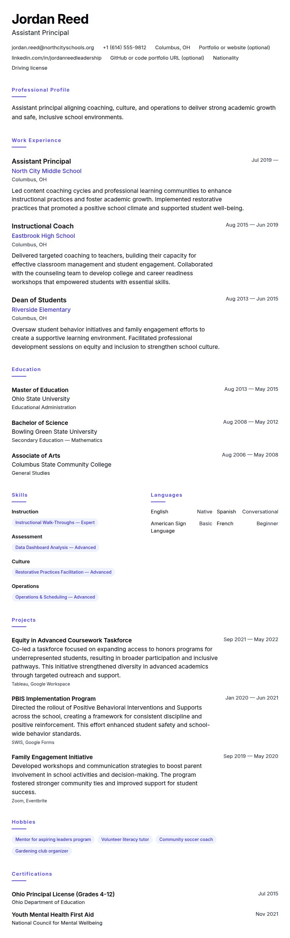 Resume preview for Assistant Principal Resume Example