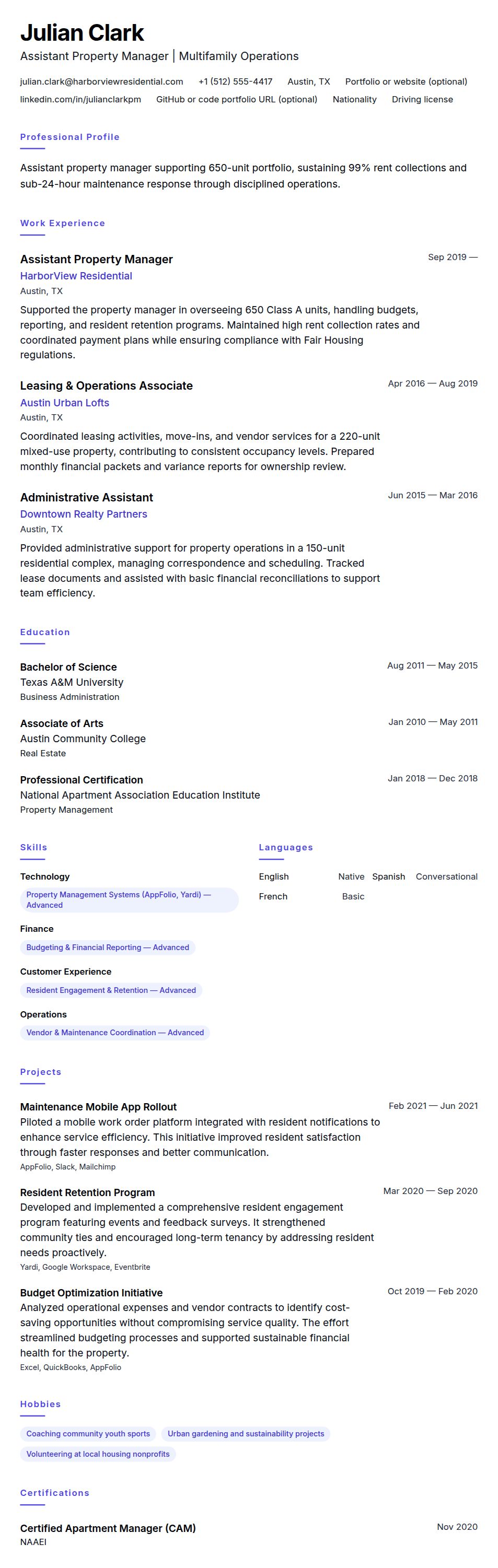 Resume preview for Assistant Property Manager Resume Example
