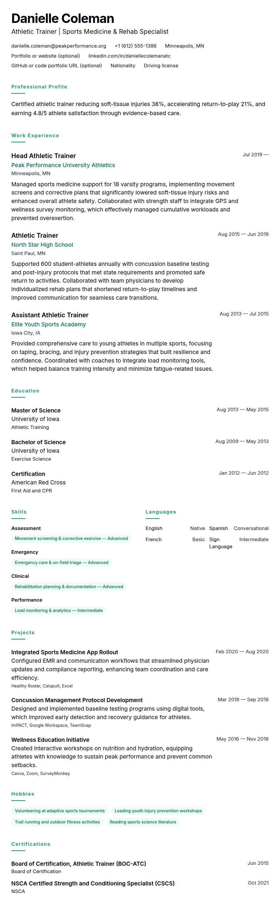 Resume preview for Athletic Trainer Resume Example