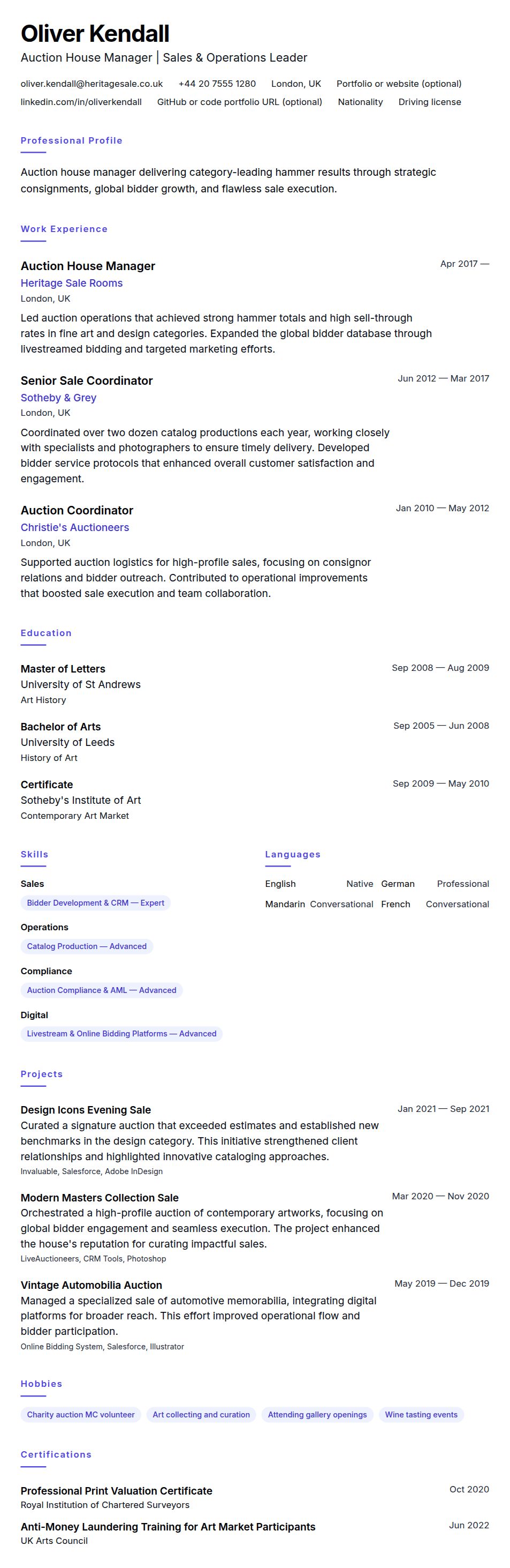 Resume preview for Auction House Manager Resume Example