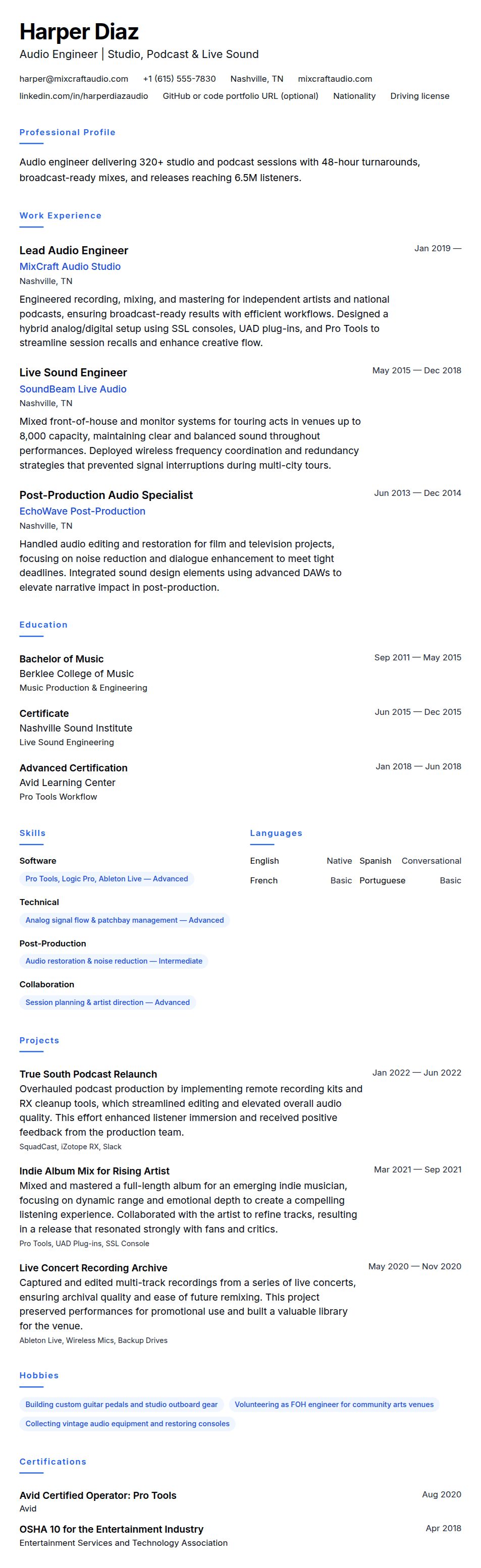Resume preview for Audio Engineer Resume Example