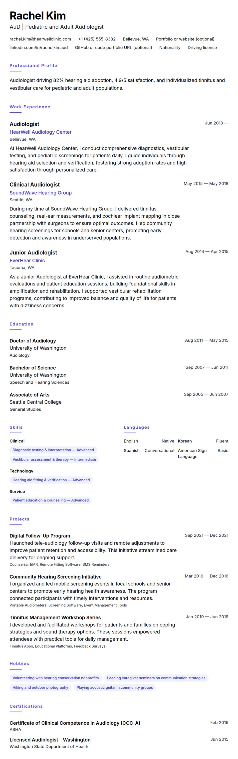 Resume preview for Audiologist Resume Example