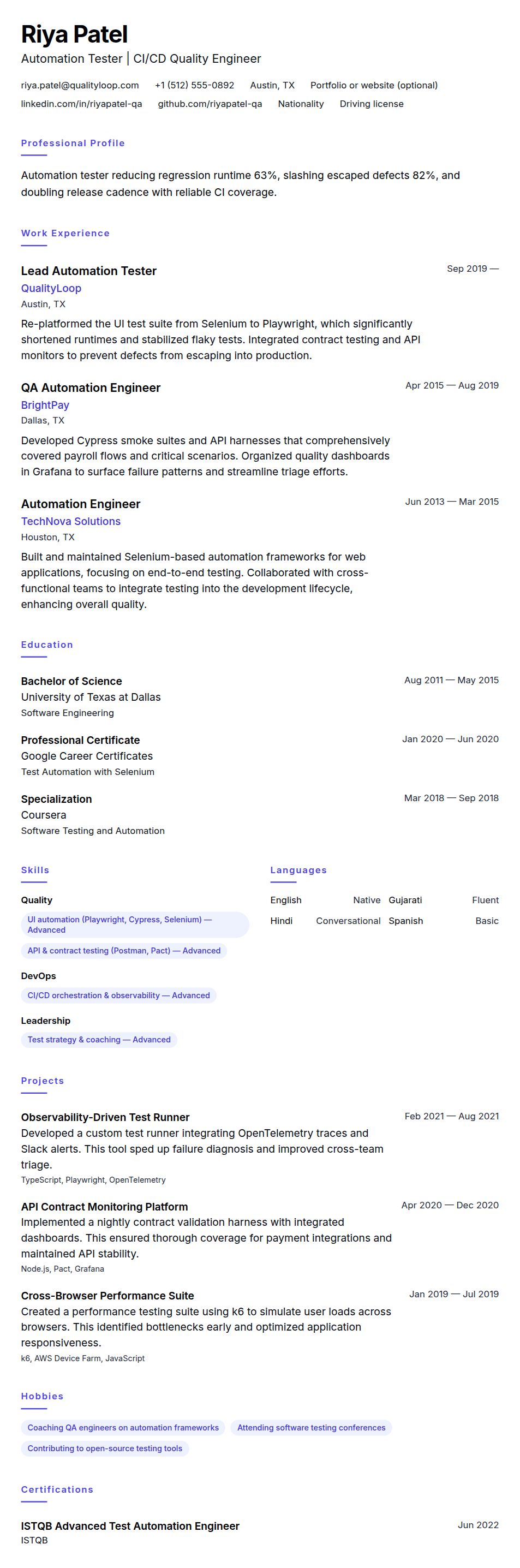 Resume preview for Automation Tester Resume Example