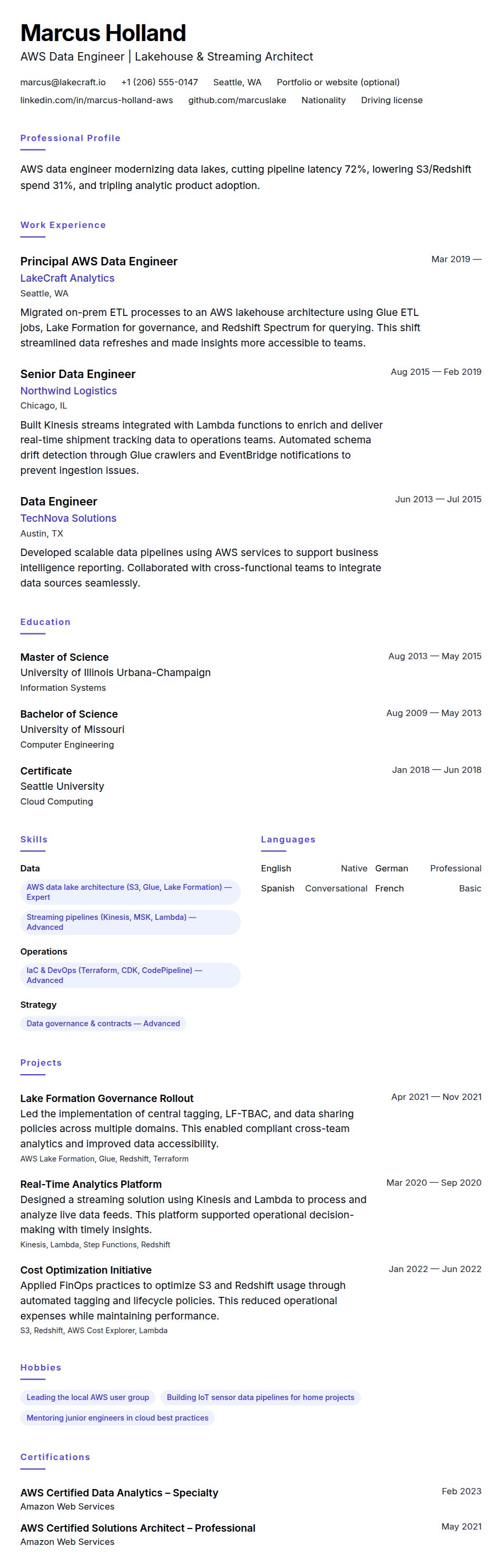 Resume preview for AWS Data Engineer Resume Example