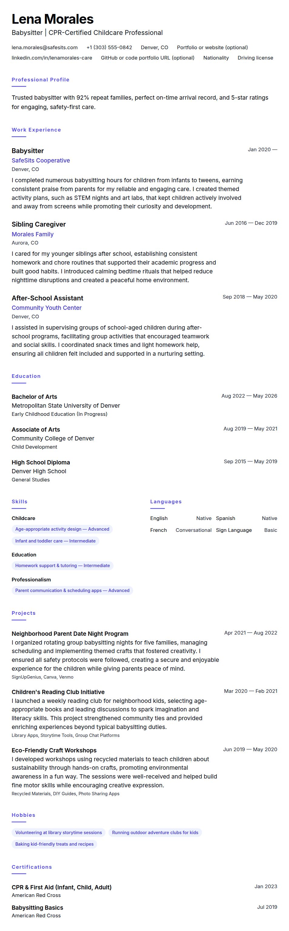 Resume preview for Babysitter Resume Example