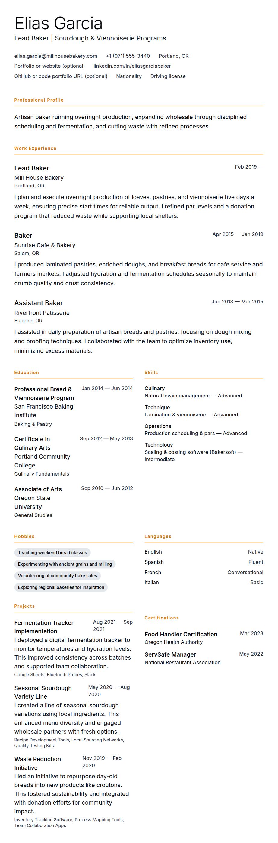 Resume preview for Baker Resume Example