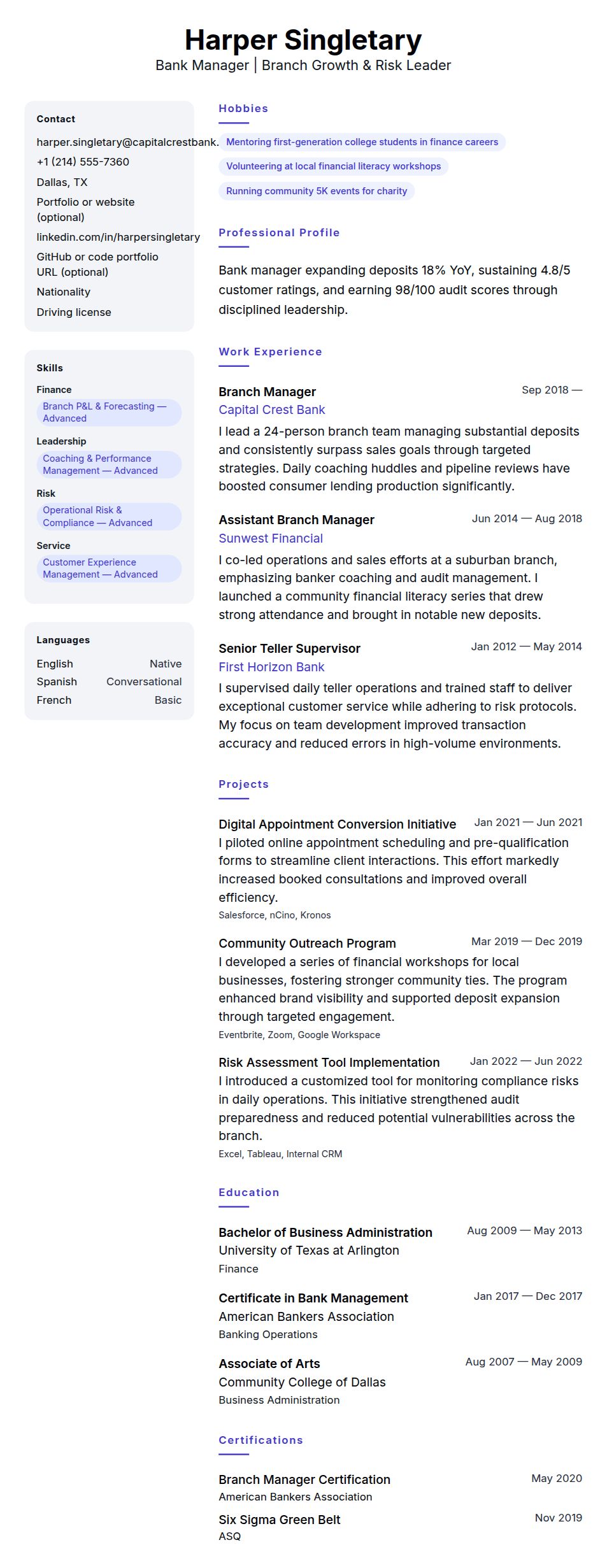 Resume preview for Bank Manager Resume Example