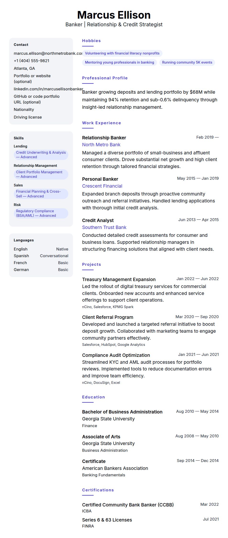 Resume preview for Banker Resume Example