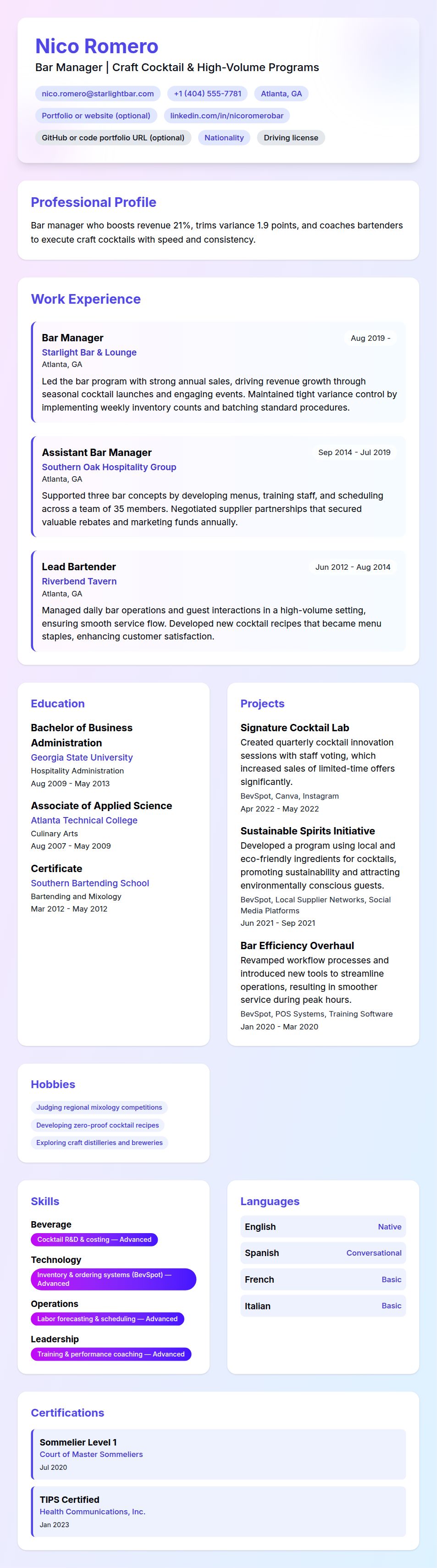 Resume preview for Bar Manager Resume Example