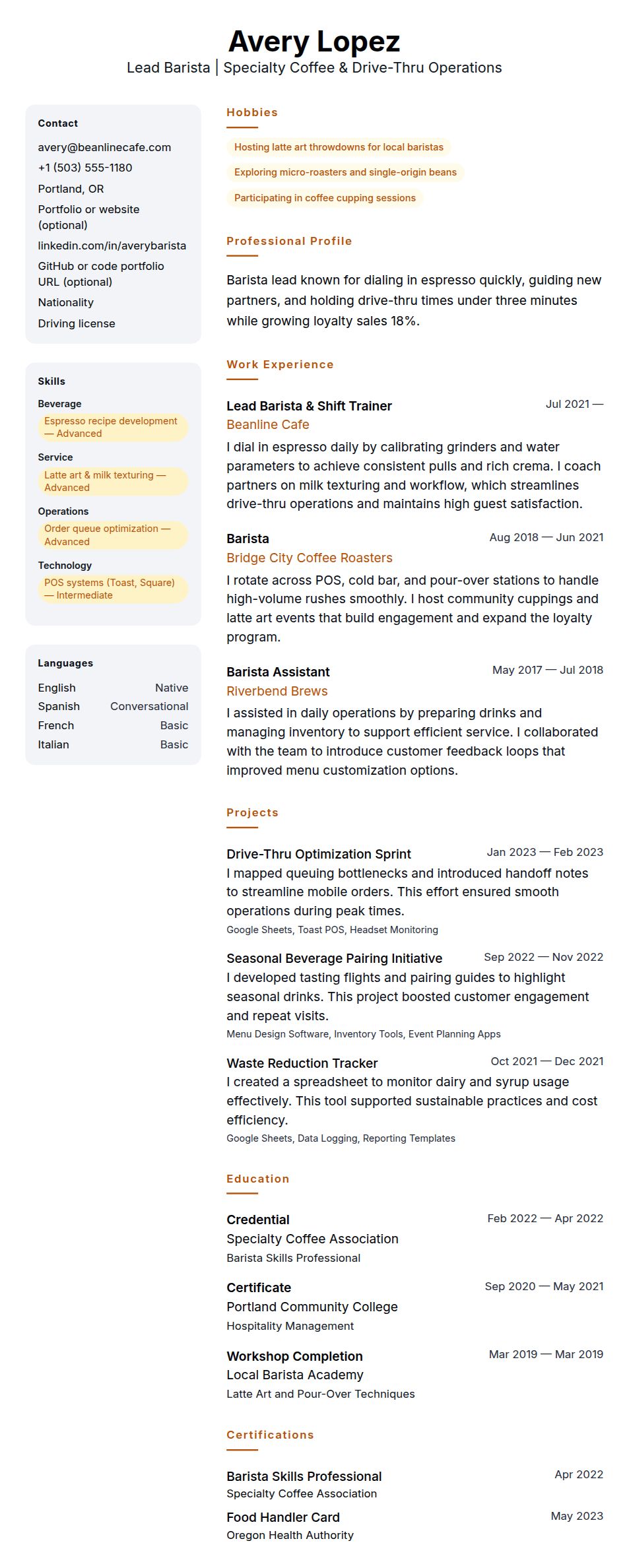 Resume preview for Barista Resume Example