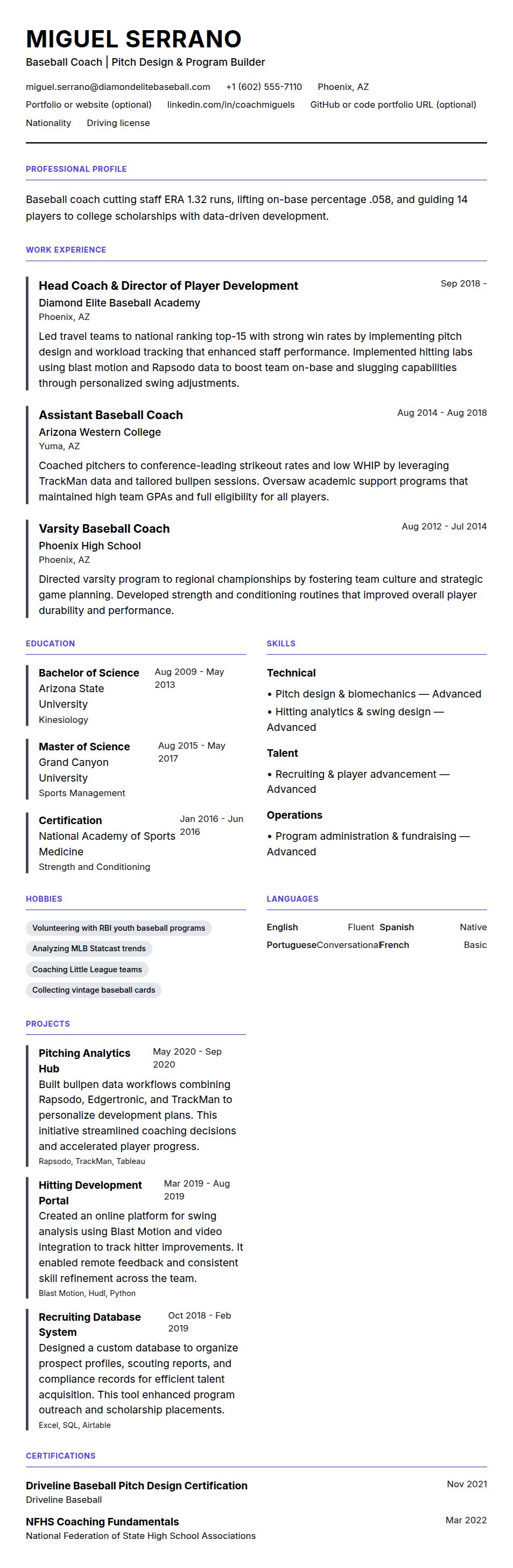 Resume preview for Baseball Coach Resume Example