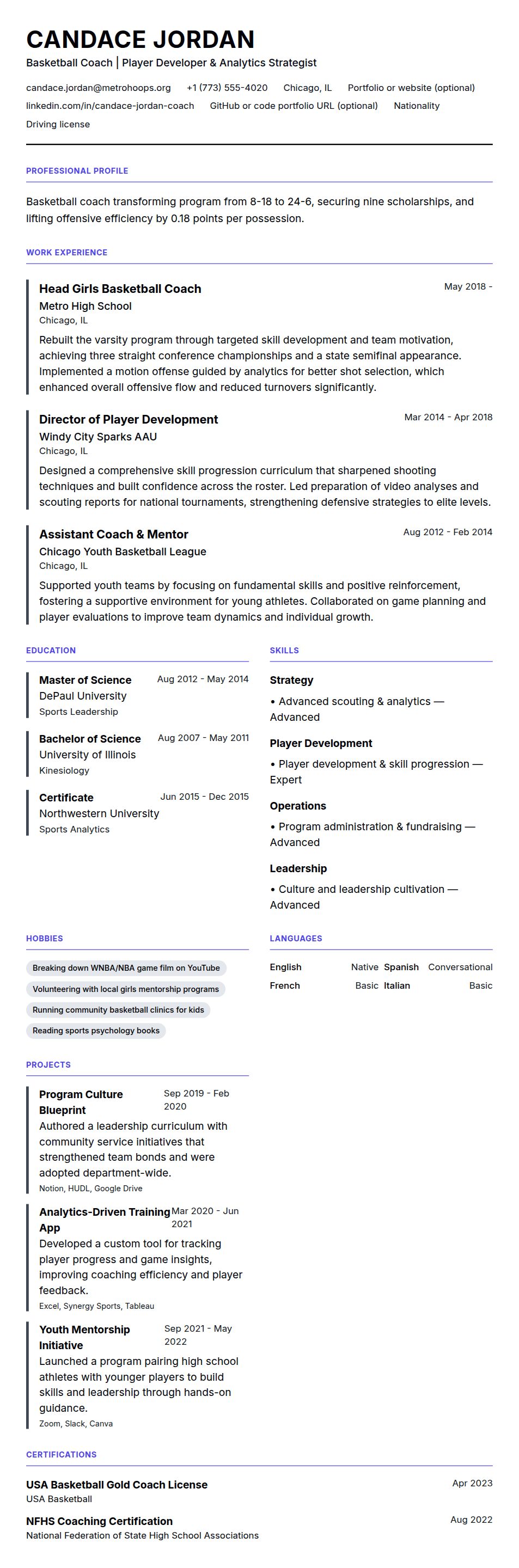 Resume preview for Basketball Coach Resume Example
