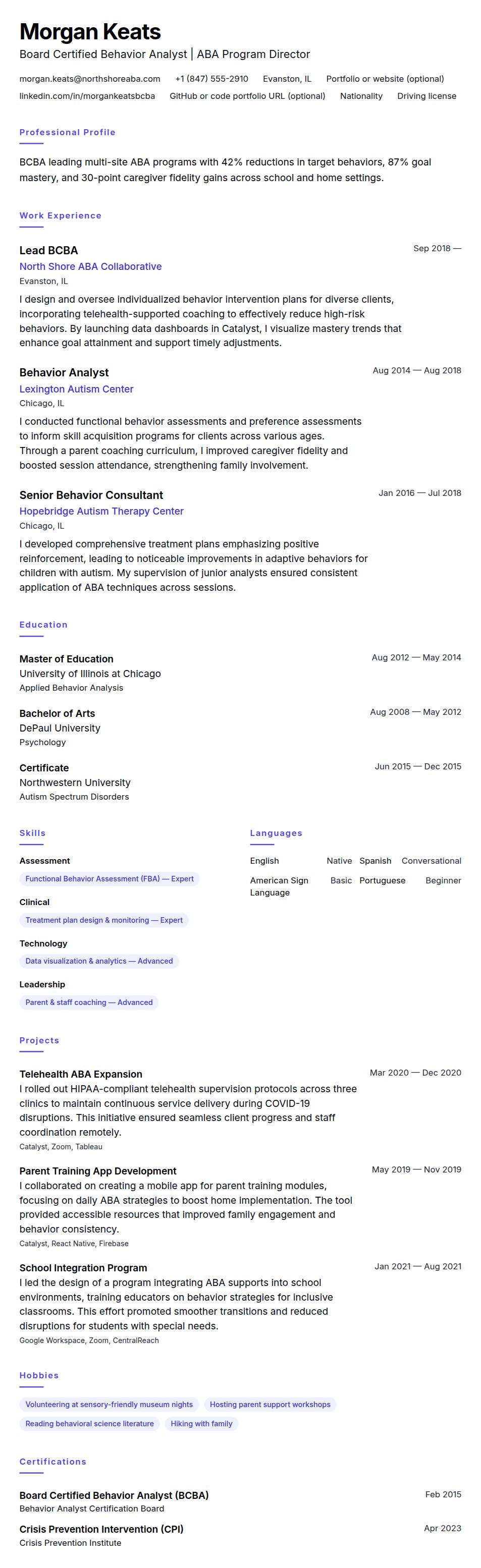 Resume preview for Board Certified Behavior Analyst (BCBA) Resume Example