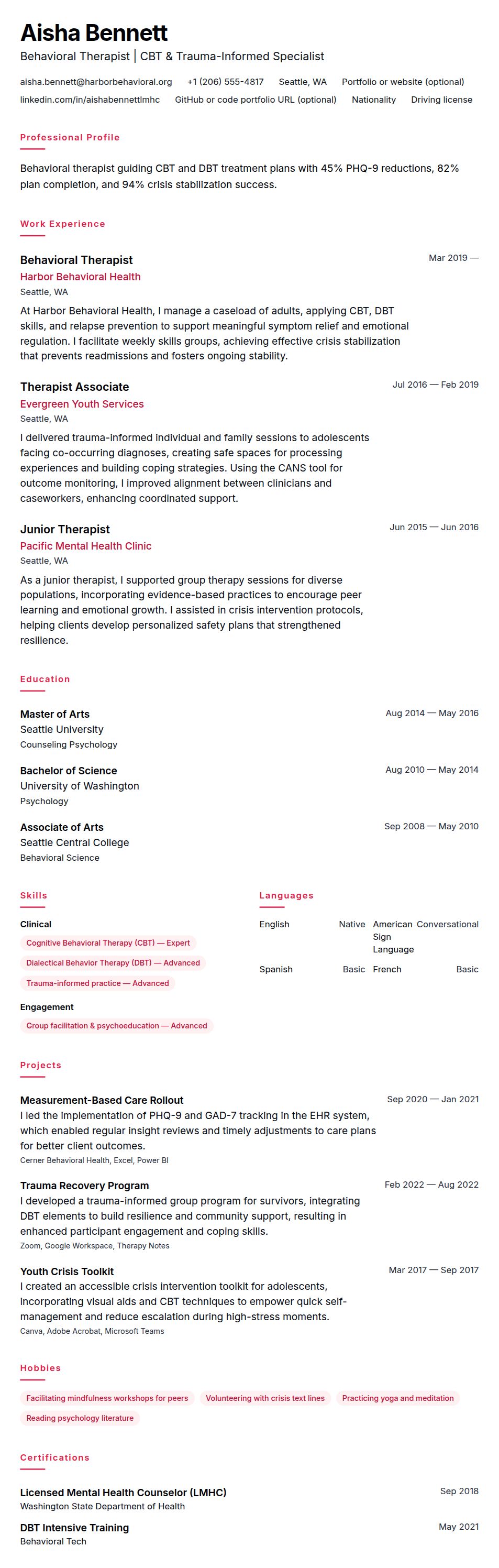 Resume preview for Behavioral Therapist Resume Example