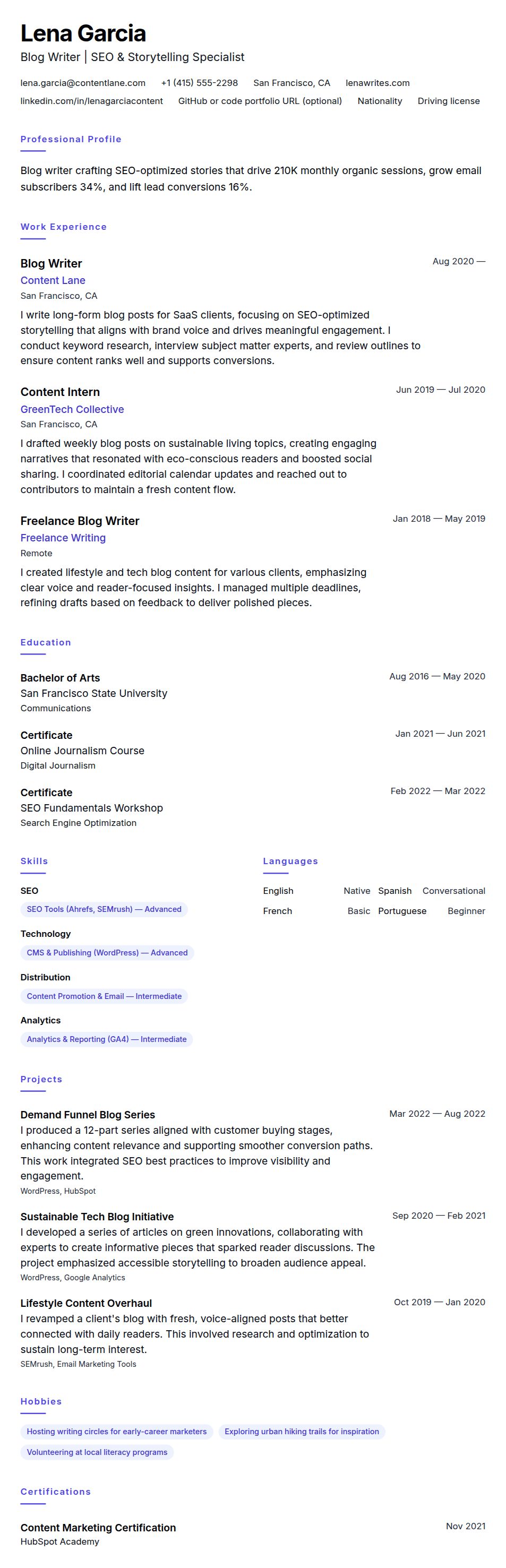 Resume preview for Blog Writer Resume Example