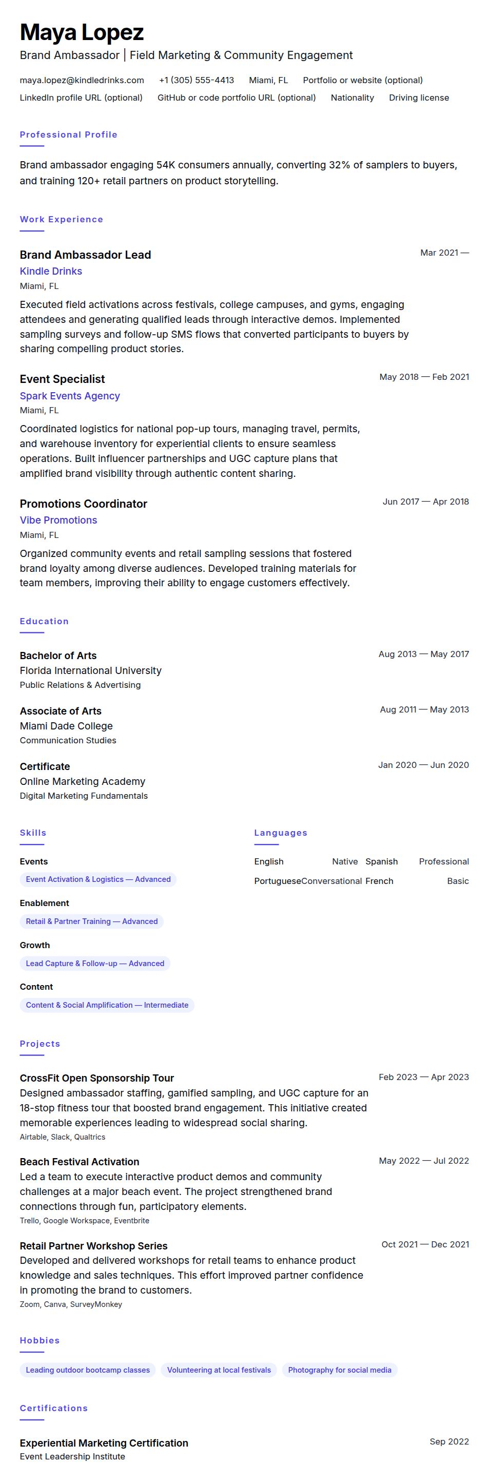 Resume preview for Brand Ambassador Resume Example