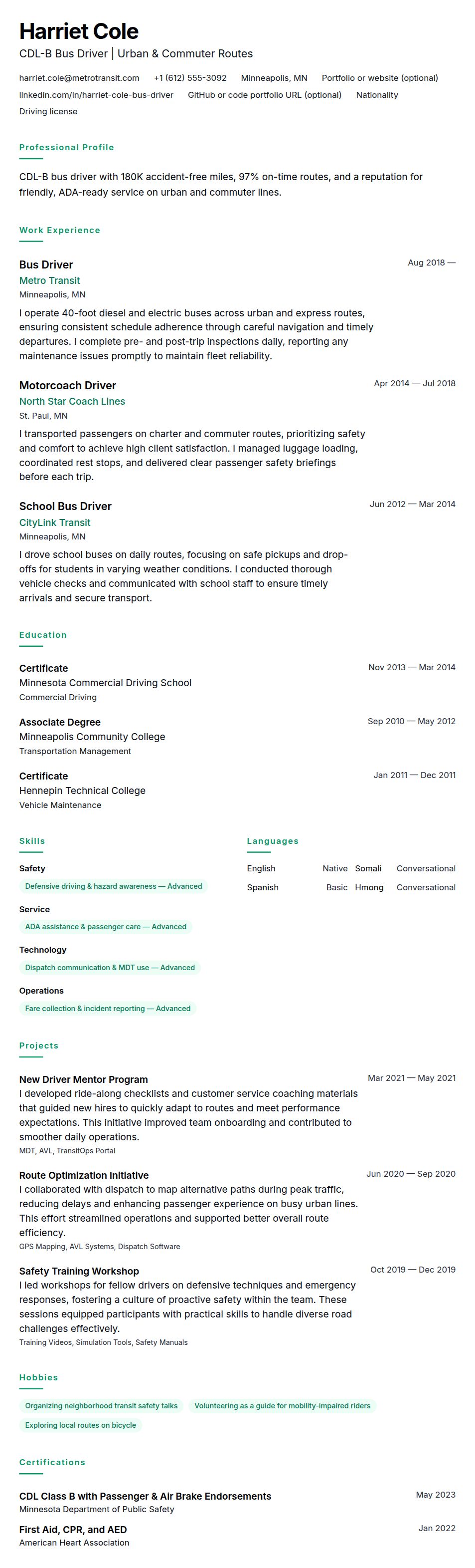 Resume preview for Bus Driver Resume Example
