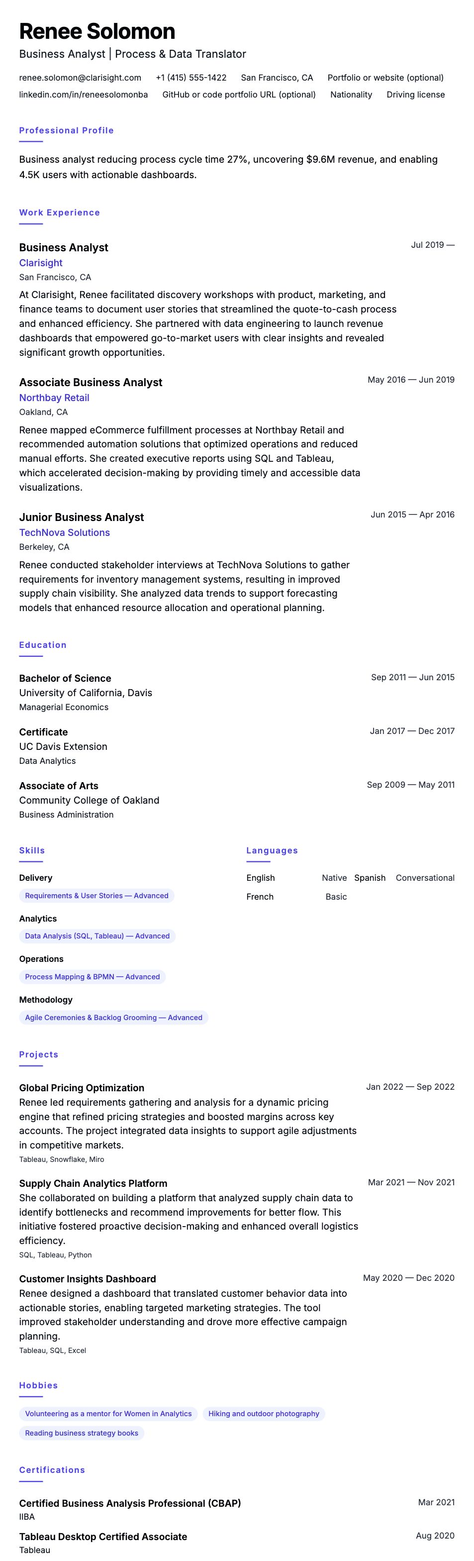 Resume preview for Business Analyst Resume Example