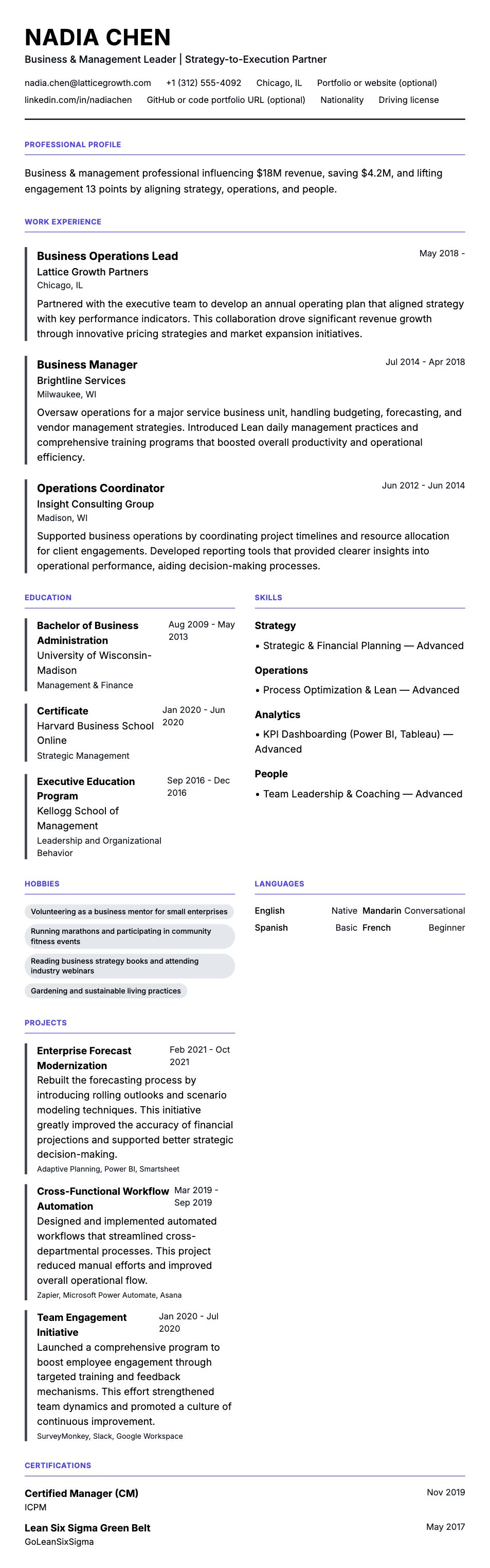 Resume preview for Business & Management Professional Resume Example