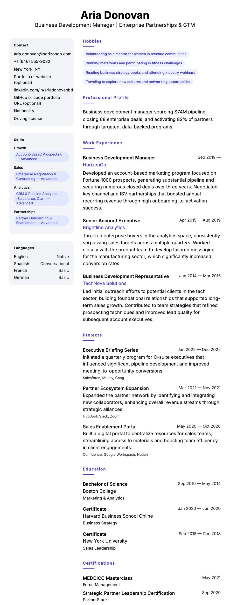 Resume preview for Business Development Manager Resume Example