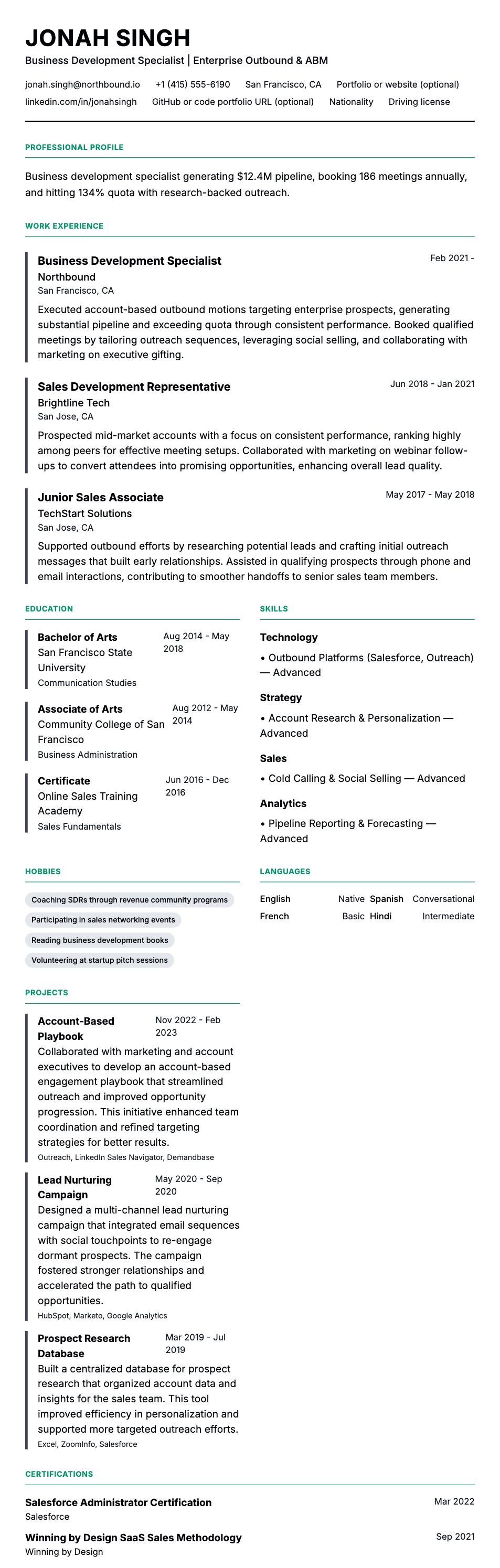 Resume preview for Business Development Specialist Resume Example