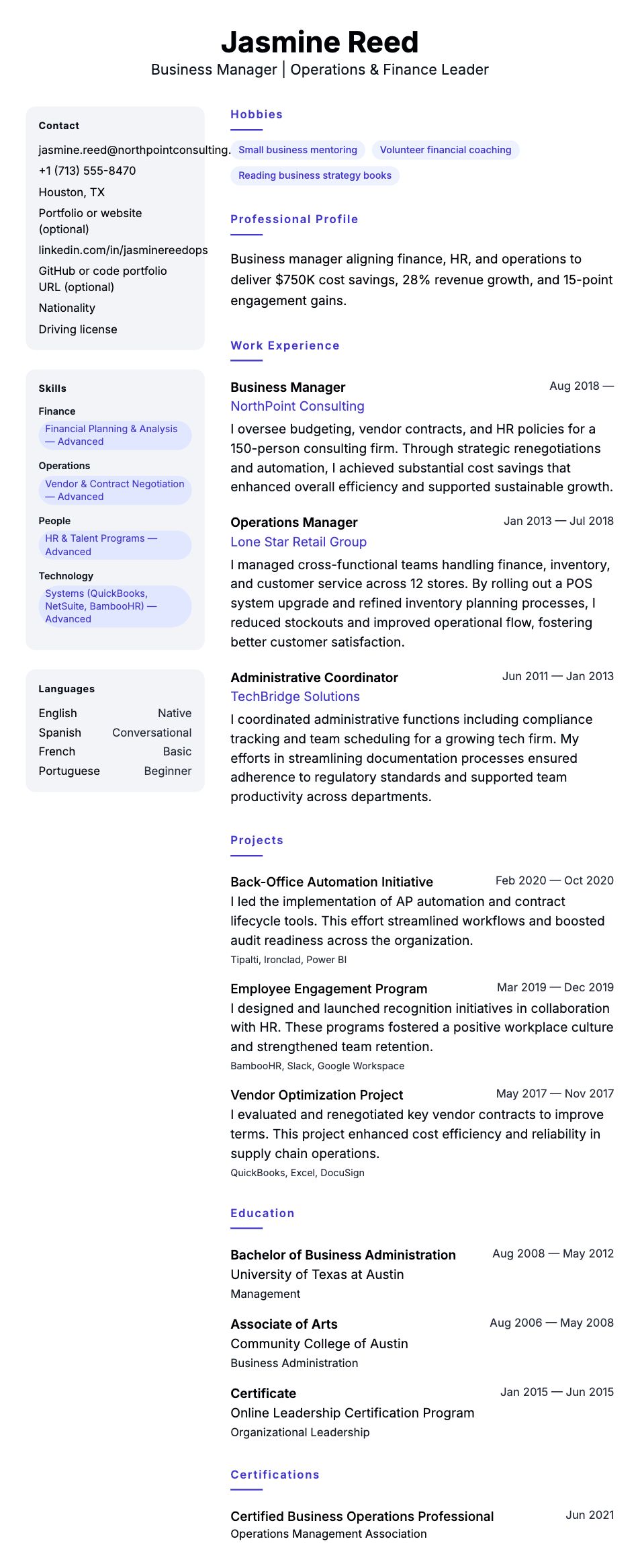 Resume preview for Business Manager Resume Example