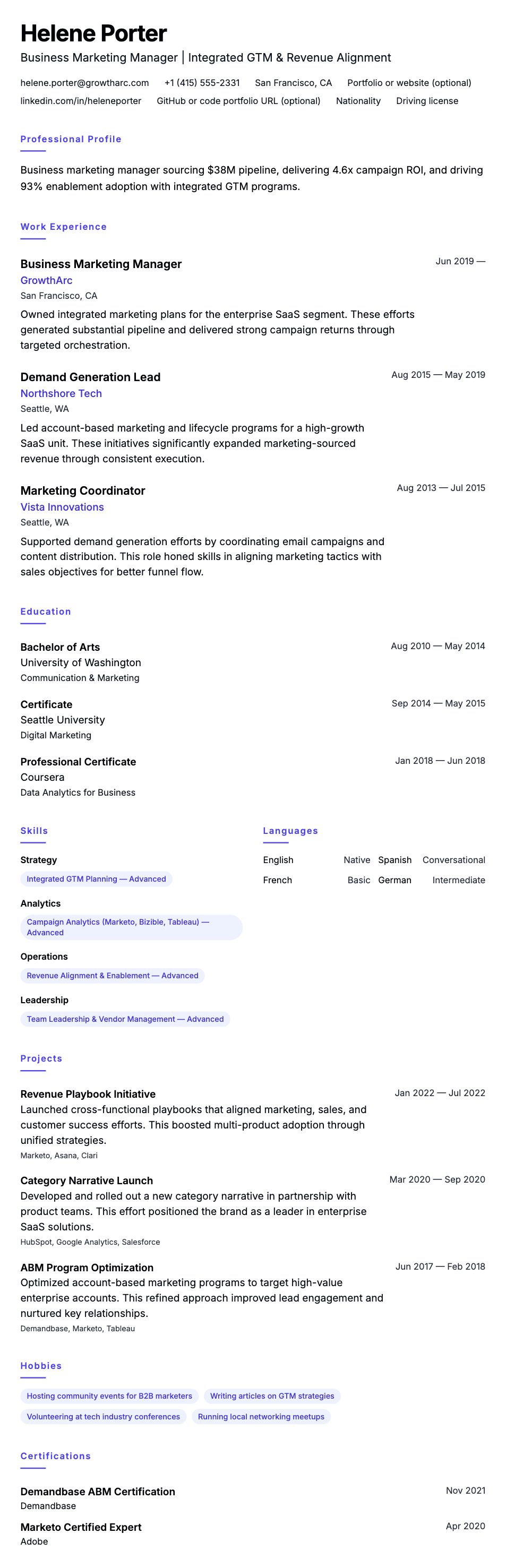 Resume preview for Business Marketing Manager Resume Example