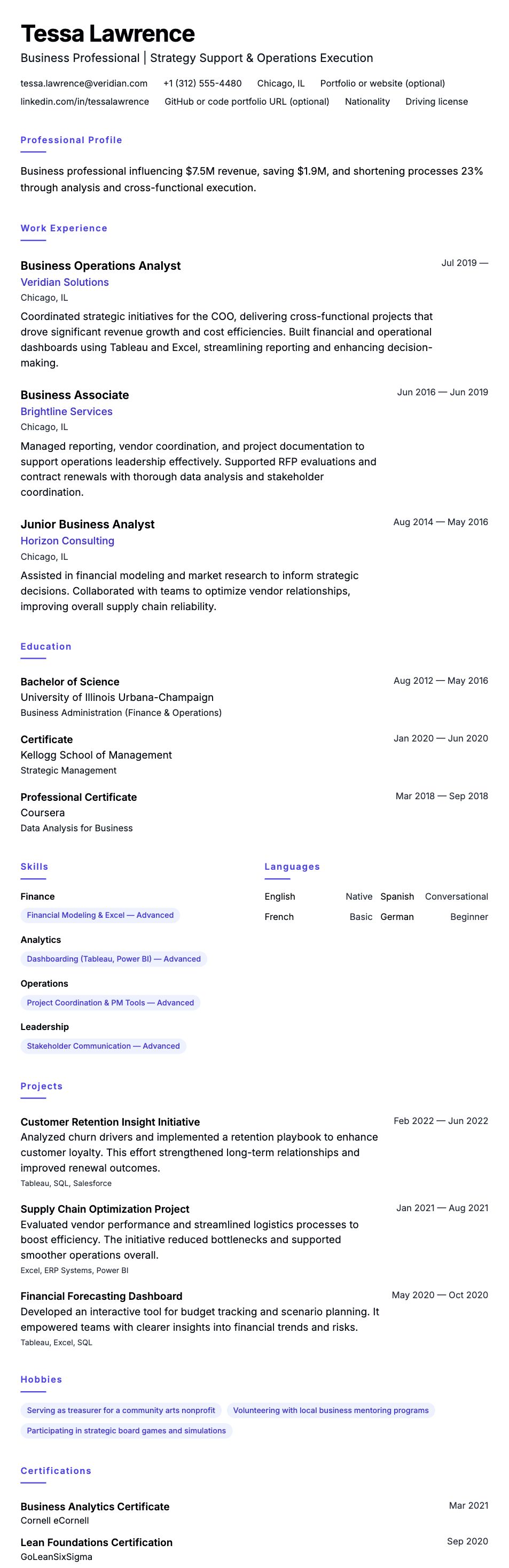 Resume preview for Business Professional Resume Example