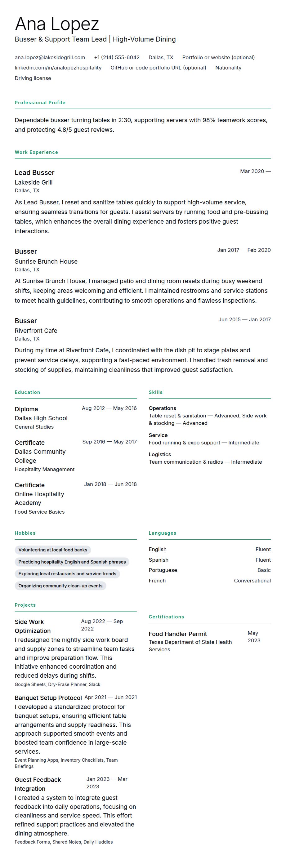 Resume preview for Busser Resume Example