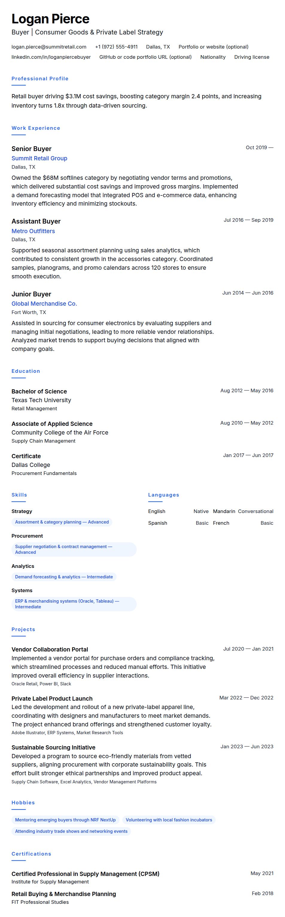 Resume preview for Buyer Resume Example
