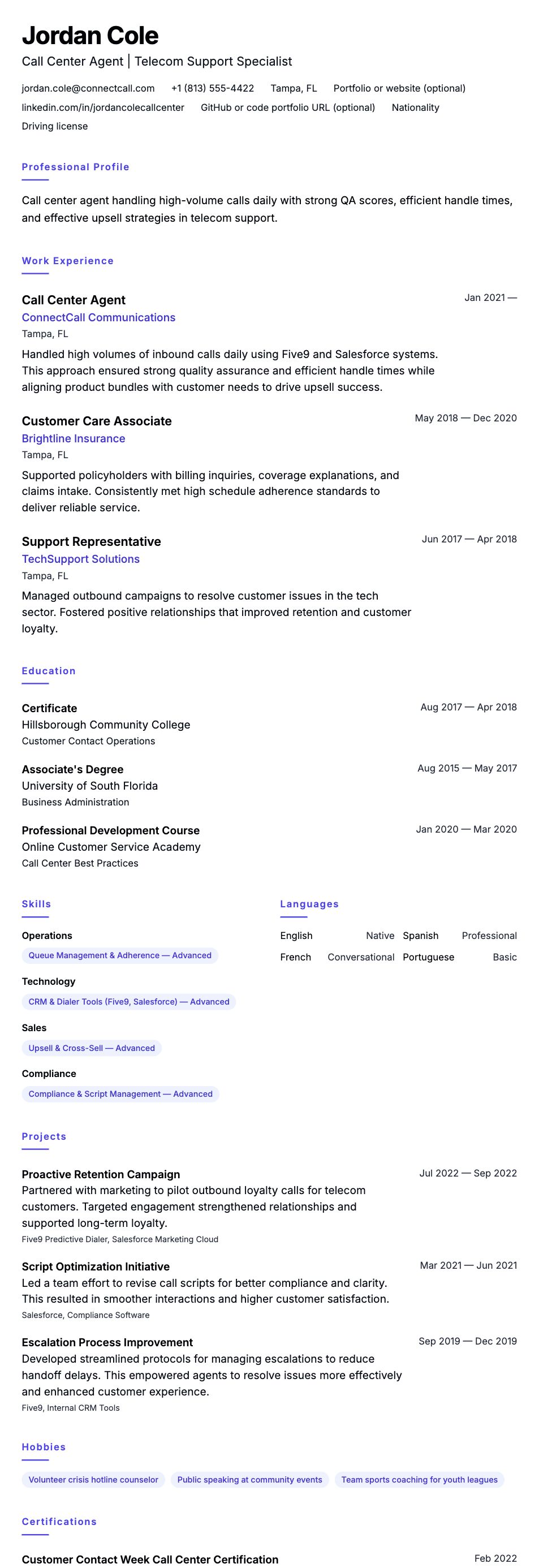 Resume preview for Call Center Agent Resume Example