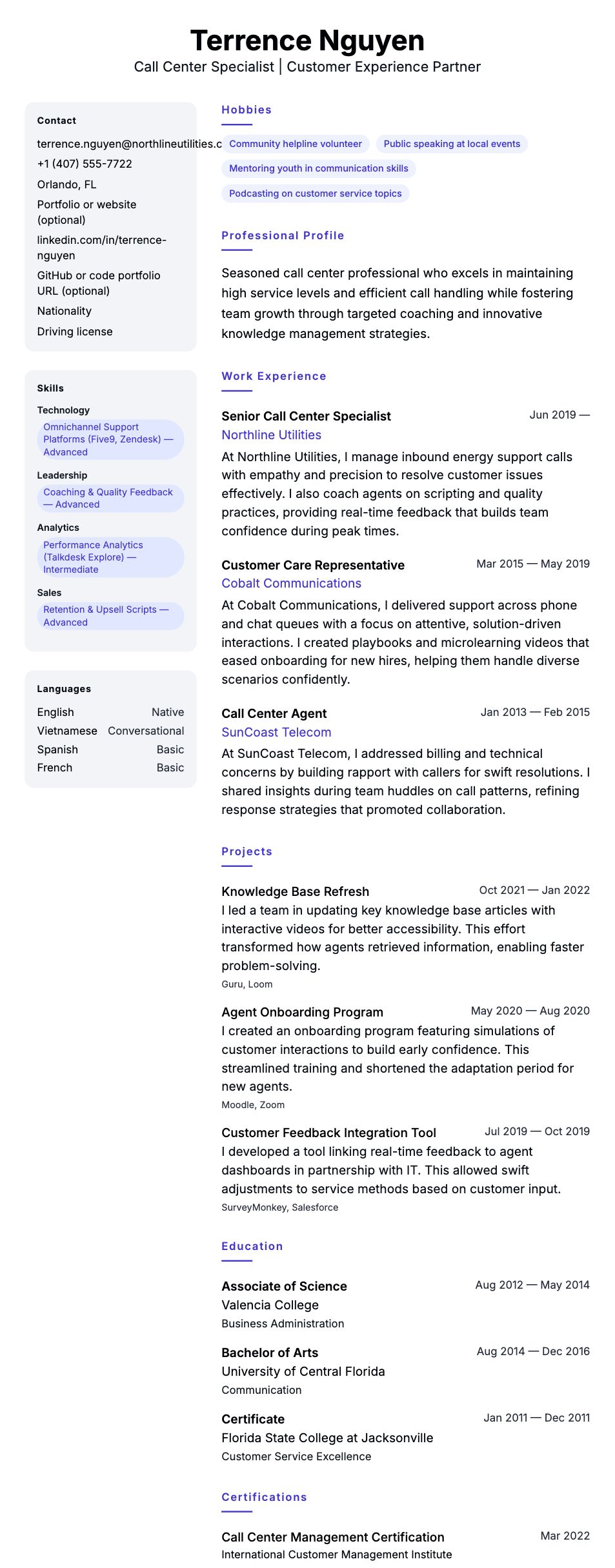 Resume preview for Call Center Professional Resume Example