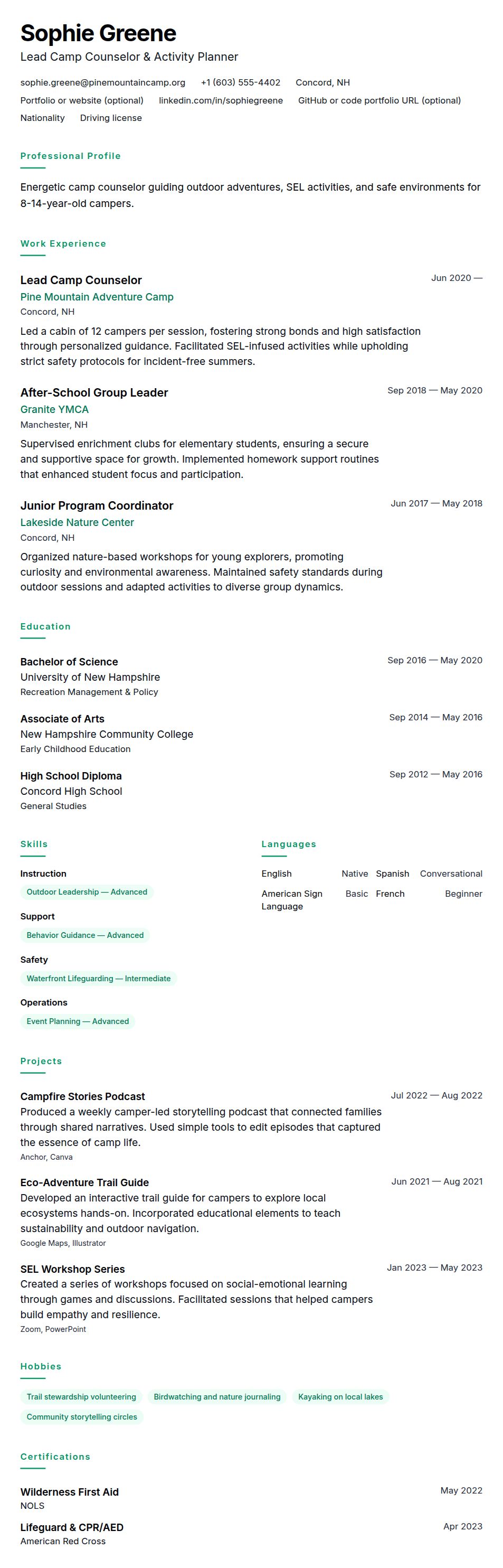 Resume preview for Camp Counselor Resume Example