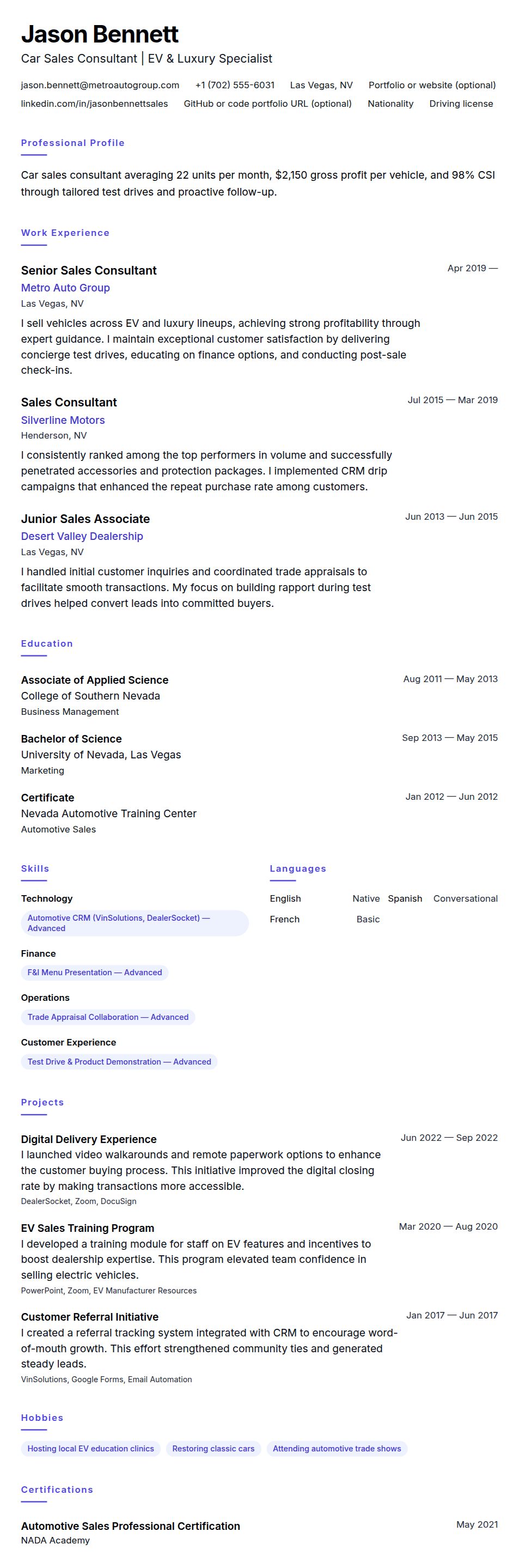 Resume preview for Car Sales Consultant Resume Example
