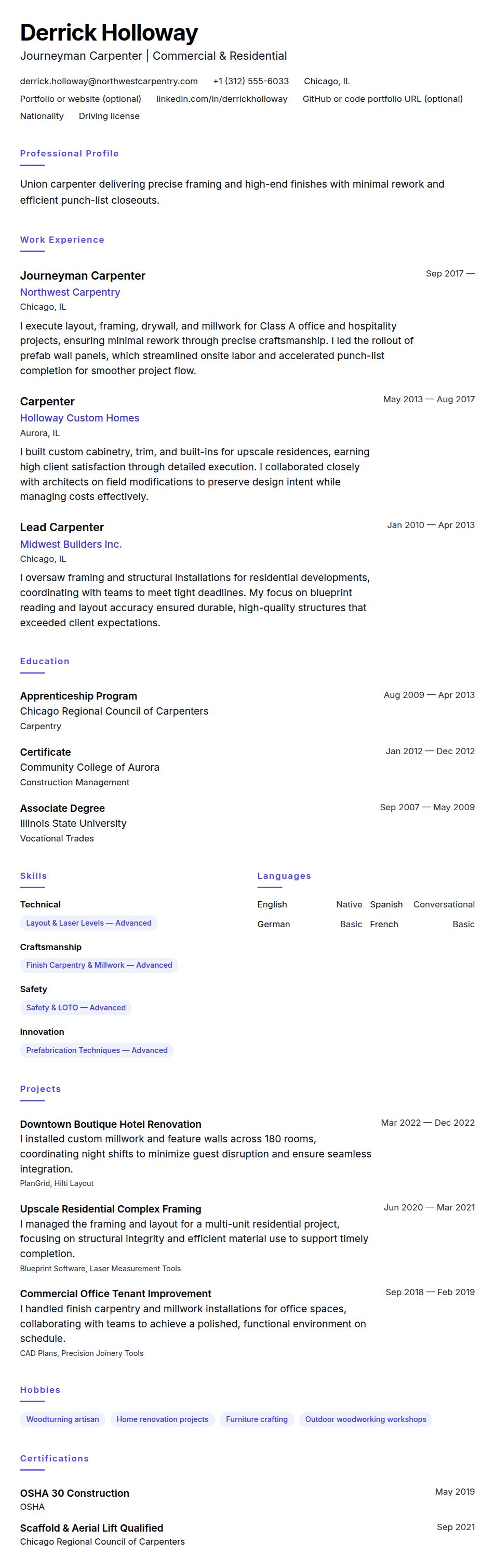 Resume preview for Carpenter Resume Example