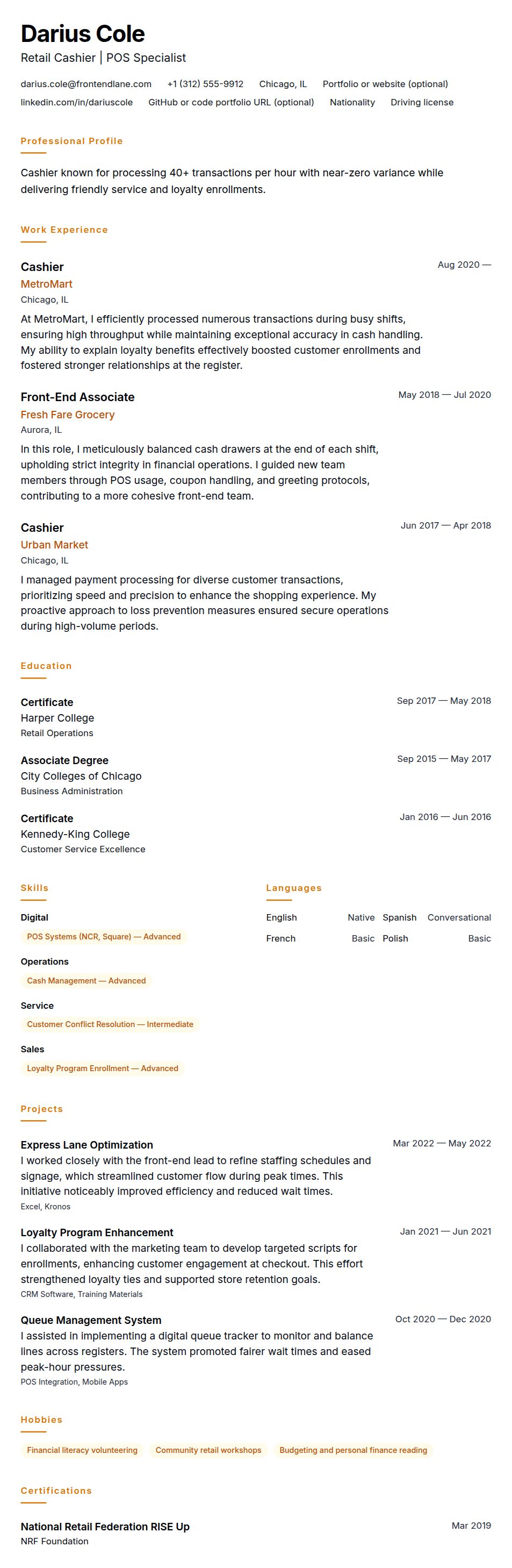 Resume preview for Cashier Resume Example