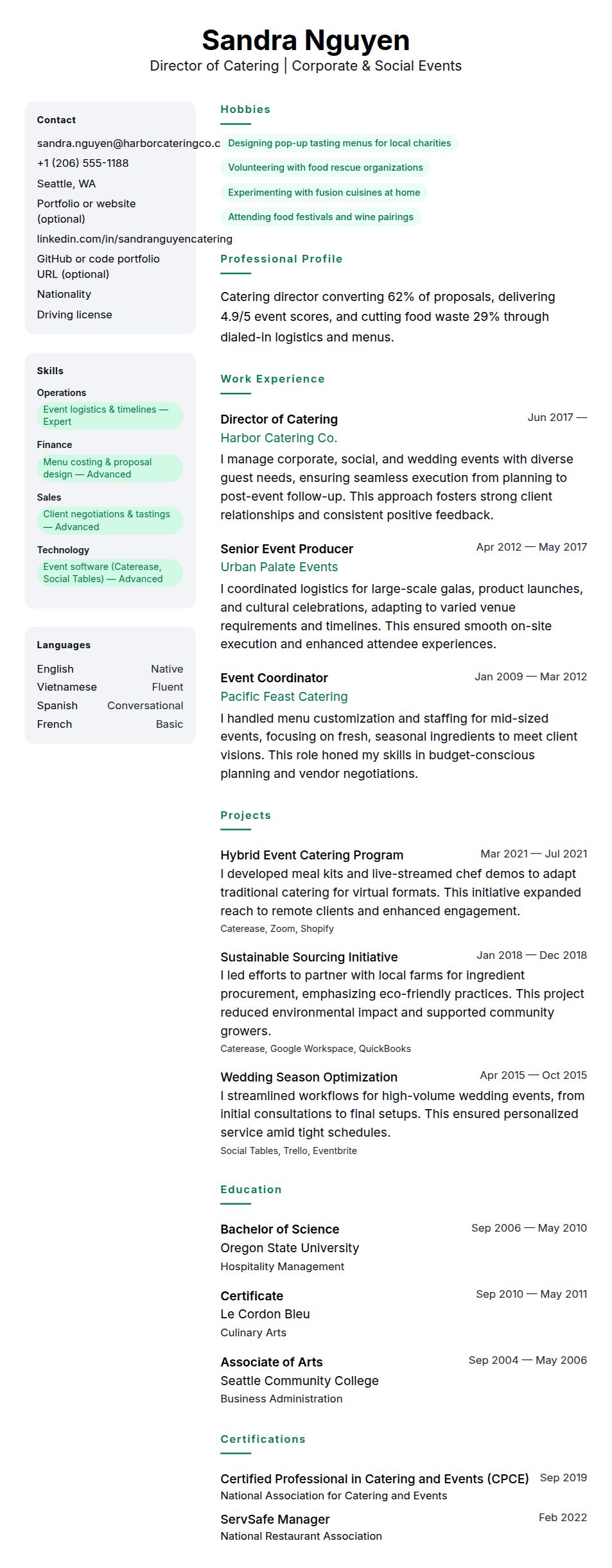 Resume preview for Caterer Resume Example