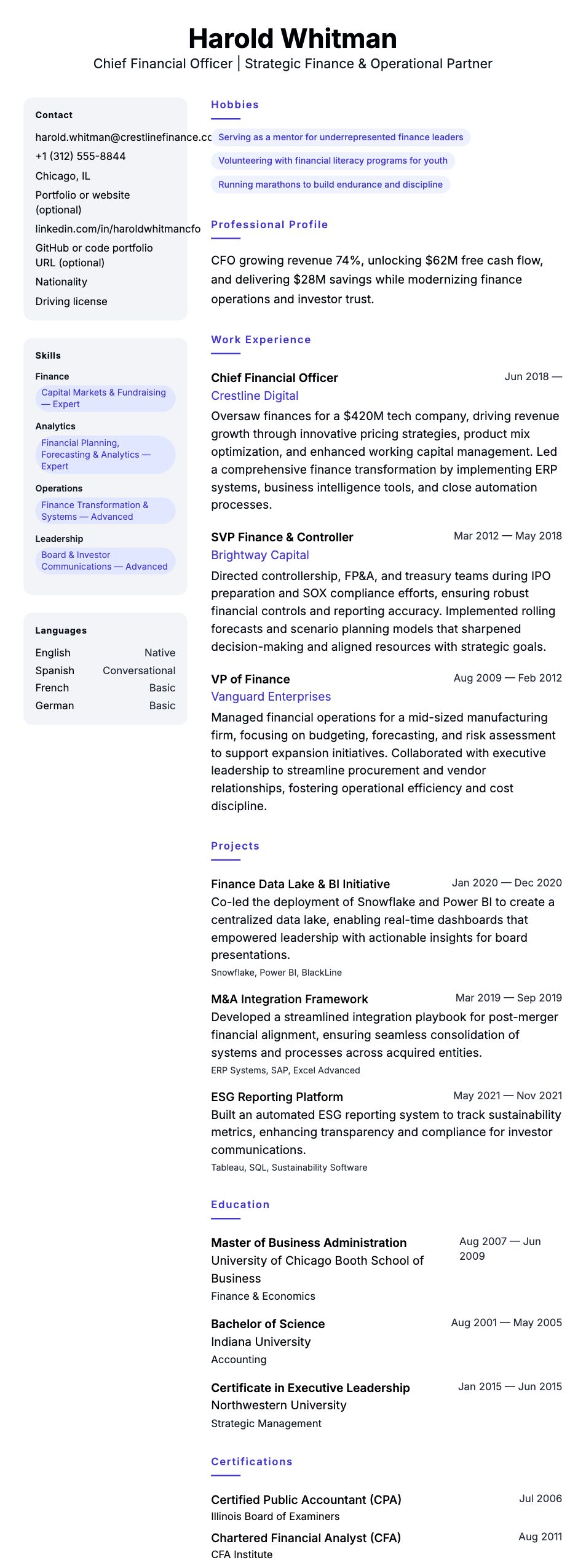 Resume preview for Chief Financial Officer Resume Example