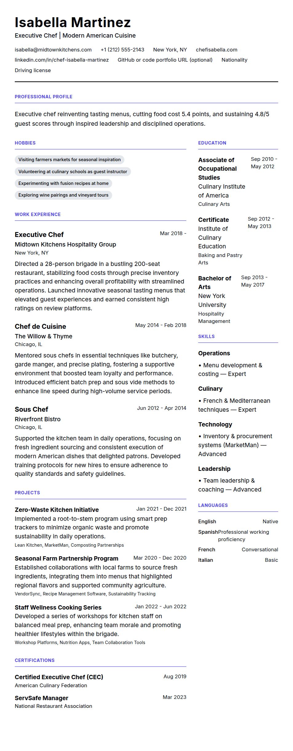 Resume preview for Chef Resume Example