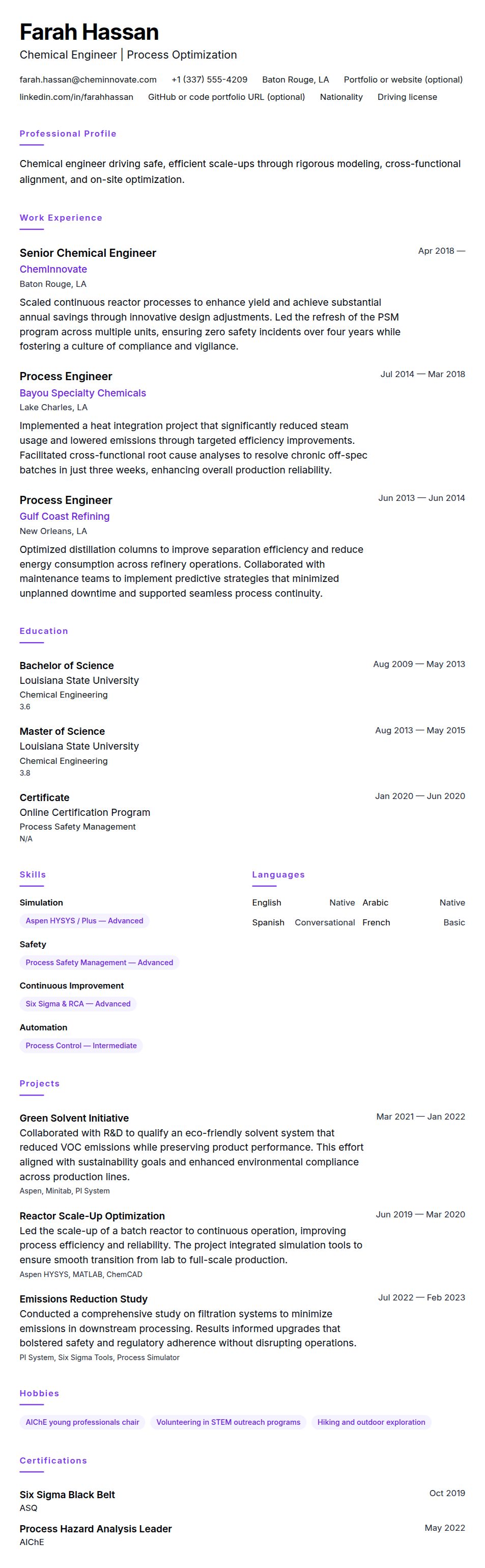 Resume preview for Chemical Engineer Resume Example