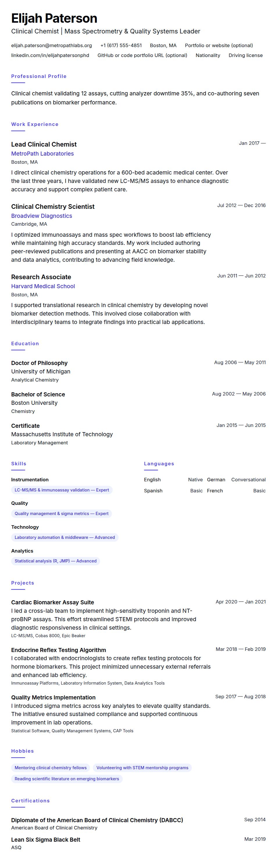 Resume preview for Clinical Chemist Resume Example