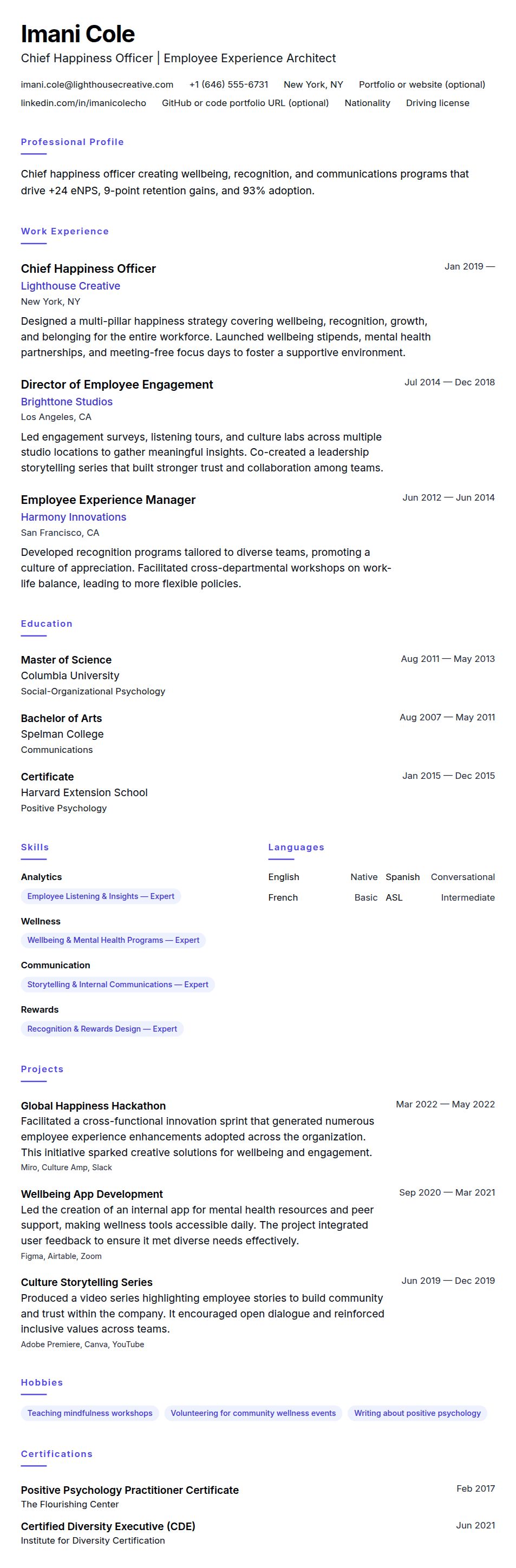 Resume preview for Chief Happiness Officer (CHO) Resume Example