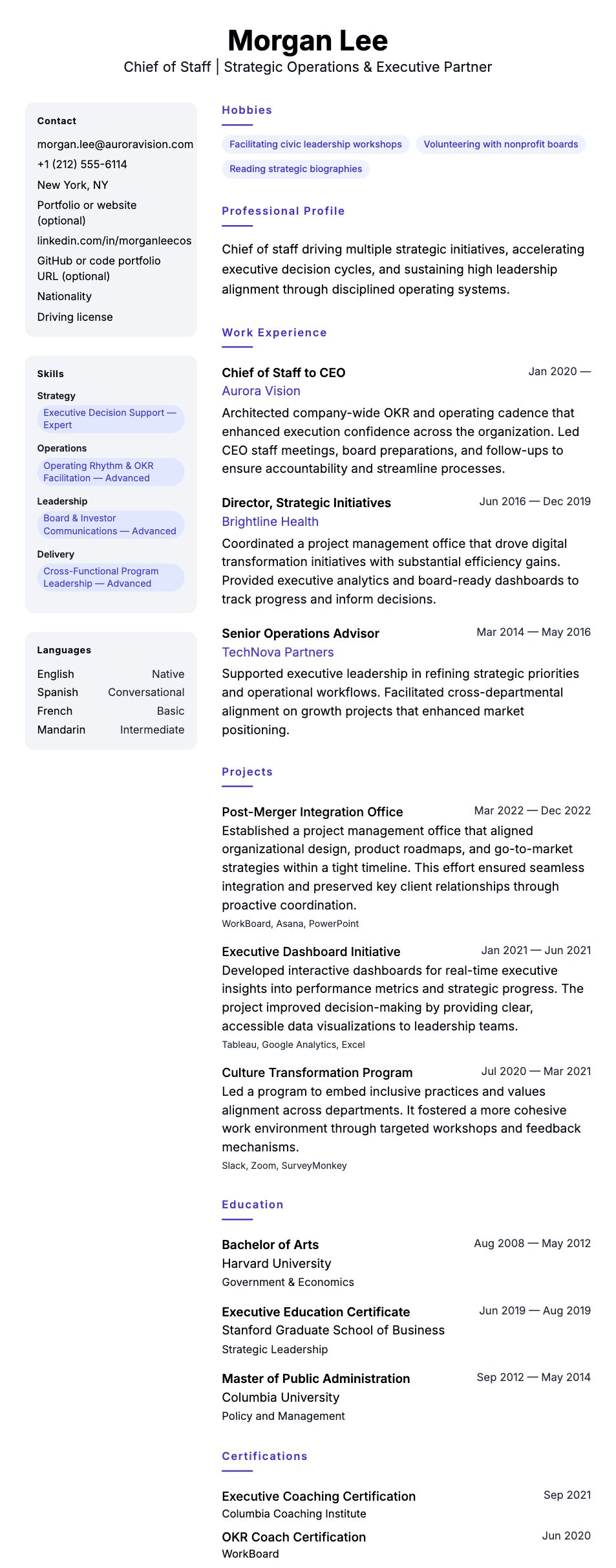 Resume preview for Chief of Staff Resume Example