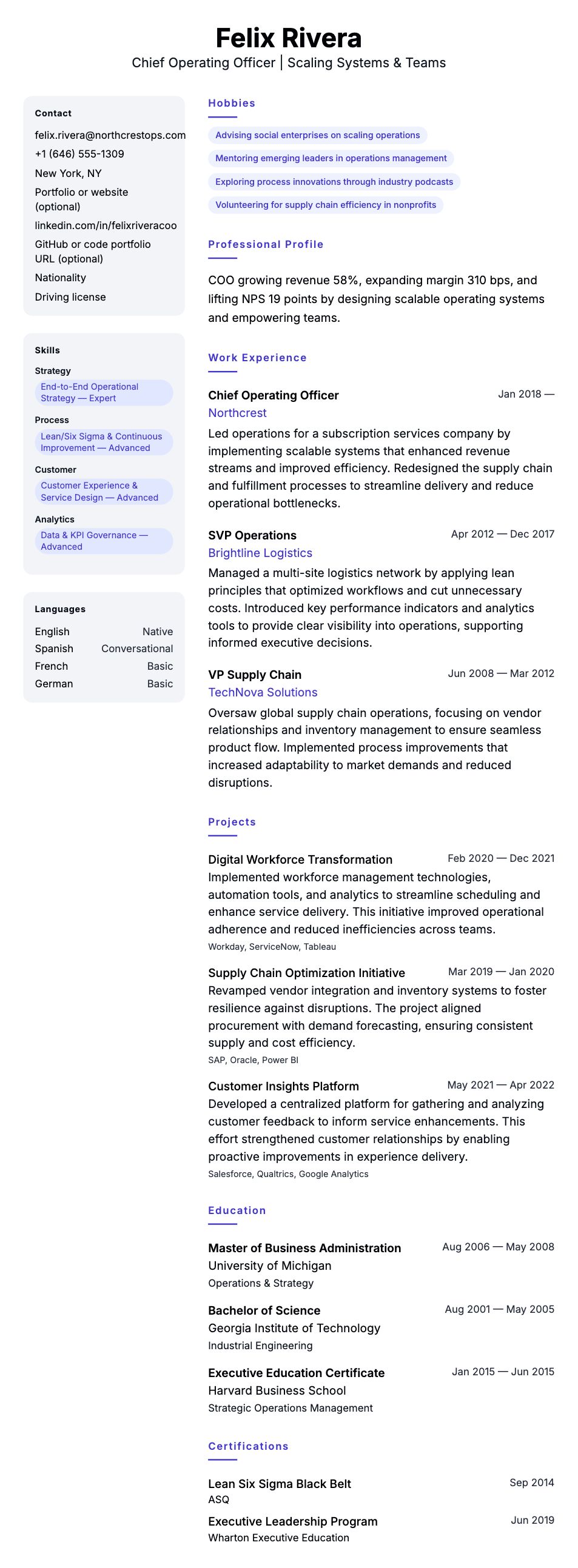 Resume preview for Chief Operating Officer Resume Example