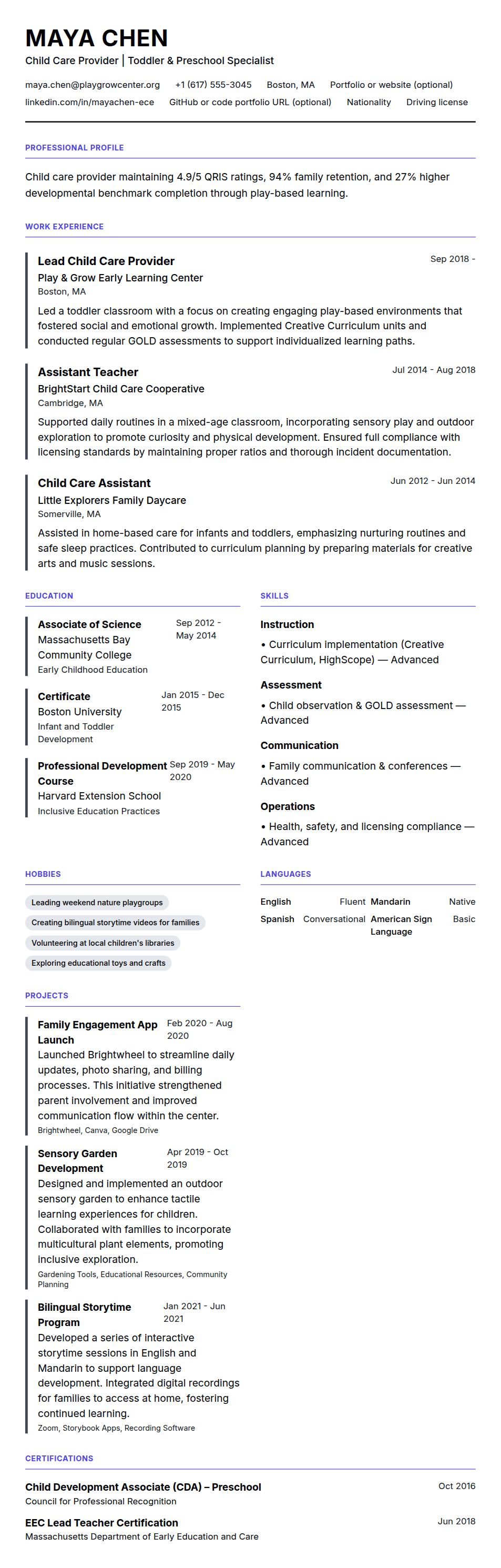 Resume preview for Child Care Provider Resume Example